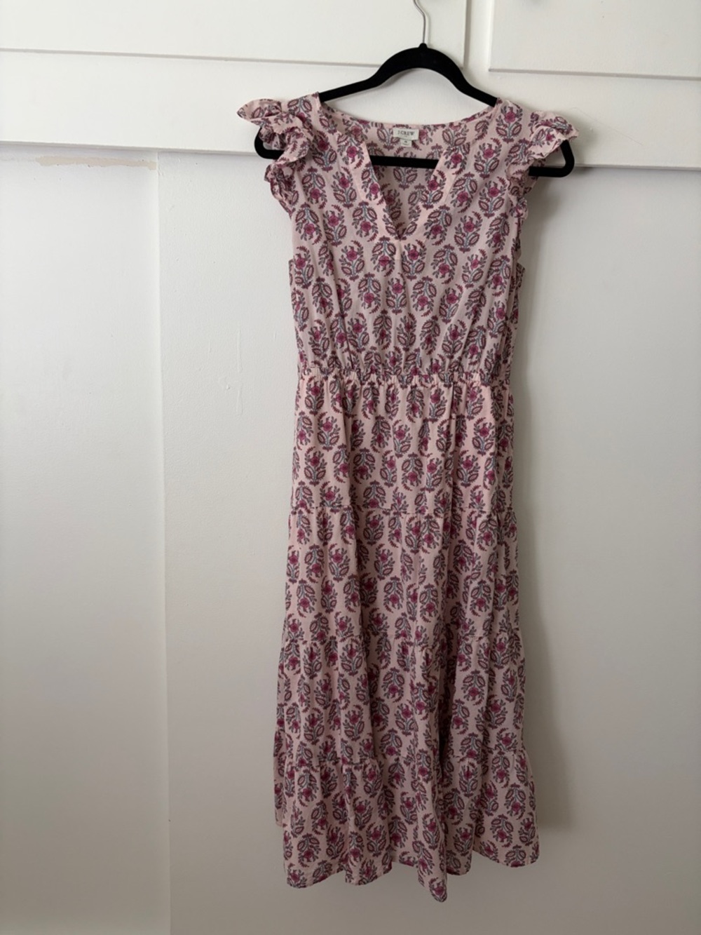 J. Crew Pink Floral Maxi Dress with Ruffle Shoulders